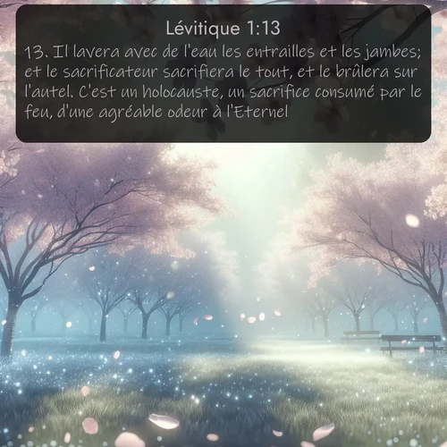 Segond Lévitique  ; image nature: image avec le verset biblique :Il lavera avec de l&#039;eau les entrailles et les jambes; et le sacrificateur sacrifiera le tout, et le brûlera sur l&#039;autel. C&#039;est un holocauste, un sacrifice consumé par le feu, d&#039;une agréable odeur à l&#039;Eternel. ;  ; 1:13