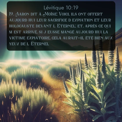 Segond Lévitique  ; image nature: image avec le verset biblique :Aaron dit à Moïse: Voici, ils ont offert aujourd&#039;hui leur sacrifice d&#039;expiation et leur holocauste devant l&#039;Eternel; et, après ce qui m&#039;est arrivé, si j&#039;eusse mangé aujourd&#039;hui la victime expiatoire, cela aurait-il été bien aux yeux de l&#039;Eternel? ;  ; 10:19
