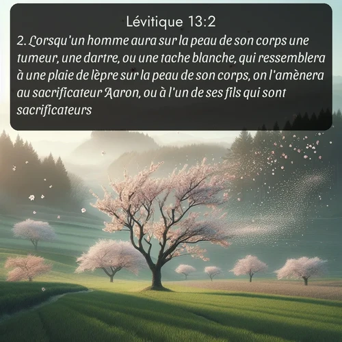 Segond Lévitique  ; image nature: image avec le verset biblique :Lorsqu&#039;un homme aura sur la peau de son corps une tumeur, une dartre, ou une tache blanche, qui ressemblera à une plaie de lèpre sur la peau de son corps, on l&#039;amènera au sacrificateur Aaron, ou à l&#039;un de ses fils qui sont sacrificateurs. ;  ; 13:2