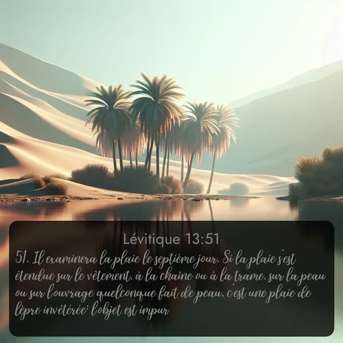 Segond Lévitique  ; image nature: image avec le verset biblique :Il examinera la plaie le septième jour. Si la plaie s&#039;est étendue sur le vêtement, à la chaîne ou à la trame, sur la peau ou sur l&#039;ouvrage quelconque fait de peau, c&#039;est une plaie de lèpre invétérée: l&#039;objet est impur. ;  ; 13:51
