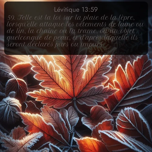 Segond Lévitique  ; image nature: image avec le verset biblique :Telle est la loi sur la plaie de la lèpre, lorsqu&#039;elle attaque les vêtements de laine ou de lin, la chaîne ou la trame, ou un objet quelconque de peau, et d&#039;après laquelle ils seront déclarés purs ou impurs. ;  ; 13:59