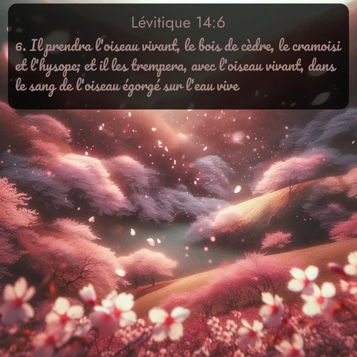 Segond Lévitique  ; image nature: image avec le verset biblique :Il prendra l&#039;oiseau vivant, le bois de cèdre, le cramoisi et l&#039;hysope; et il les trempera, avec l&#039;oiseau vivant, dans le sang de l&#039;oiseau égorgé sur l&#039;eau vive. ;  ; 14:6