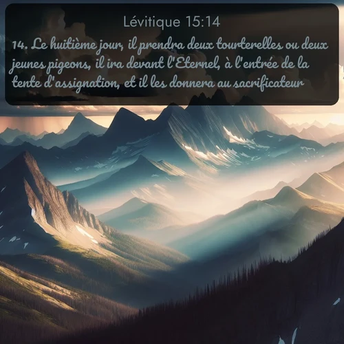 Segond Lévitique  ; image nature: image avec le verset biblique :Le huitième jour, il prendra deux tourterelles ou deux jeunes pigeons, il ira devant l&#039;Eternel, à l&#039;entrée de la tente d&#039;assignation, et il les donnera au sacrificateur. ;  ; 15:14
