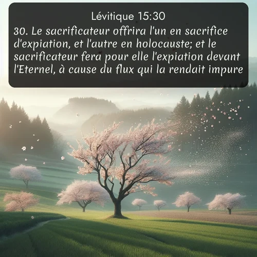 Segond Lévitique  ; image nature: image avec le verset biblique :Le sacrificateur offrira l&#039;un en sacrifice d&#039;expiation, et l&#039;autre en holocauste; et le sacrificateur fera pour elle l&#039;expiation devant l&#039;Eternel, à cause du flux qui la rendait impure. ;  ; 15:30
