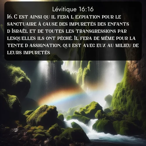 Segond Lévitique  ; image nature: image avec le verset biblique :C&#039;est ainsi qu&#039;il fera l&#039;expiation pour le sanctuaire à cause des impuretés des enfants d&#039;Israël et de toutes les transgressions par lesquelles ils ont péché. Il fera de même pour la tente d&#039;assignation, qui est avec eux au milieu de leurs impuretés. ;  ; 16:16