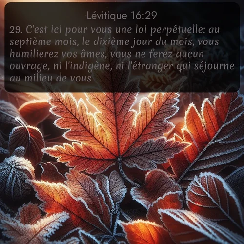 Segond Lévitique  ; image nature: image avec le verset biblique :C&#039;est ici pour vous une loi perpétuelle: au septième mois, le dixième jour du mois, vous humilierez vos âmes, vous ne ferez aucun ouvrage, ni l&#039;indigène, ni l&#039;étranger qui séjourne au milieu de vous. ;  ; 16:29
