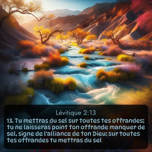 Segond Lévitique  ; image nature: image avec le verset biblique :Tu mettras du sel sur toutes tes offrandes; tu ne laisseras point ton offrande manquer de sel, signe de l&#039;alliance de ton Dieu; sur toutes tes offrandes tu mettras du sel. ;  ; 2:13