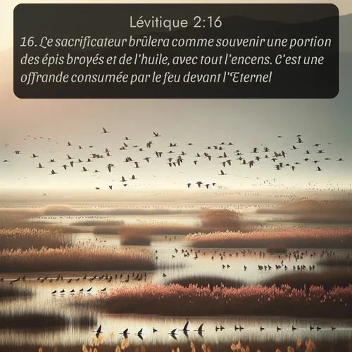 Segond Lévitique  ; image nature: image avec le verset biblique :Le sacrificateur brûlera comme souvenir une portion des épis broyés et de l&#039;huile, avec tout l&#039;encens. C&#039;est une offrande consumée par le feu devant l&#039;Eternel. ;  ; 2:16