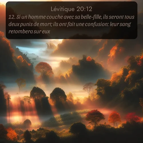 Segond Lévitique  ; image nature: image avec le verset biblique :Si un homme couche avec sa belle-fille, ils seront tous deux punis de mort; ils ont fait une confusion: leur sang retombera sur eux. ;  ; 20:12