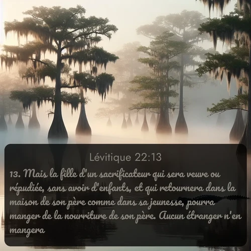 Segond Lévitique  ; image nature: image avec le verset biblique :Mais la fille d&#039;un sacrificateur qui sera veuve ou répudiée, sans avoir d&#039;enfants, et qui retournera dans la maison de son père comme dans sa jeunesse, pourra manger de la nourriture de son père. Aucun étranger n&#039;en mangera. ;  ; 22:13