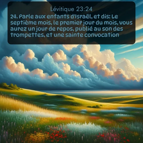 Segond Lévitique  ; image nature: image avec le verset biblique :Parle aux enfants d&#039;Israël, et dis: Le septième mois, le premier jour du mois, vous aurez un jour de repos, publié au son des trompettes, et une sainte convocation. ;  ; 23:24