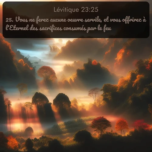 Segond Lévitique  ; image nature: image avec le verset biblique :Vous ne ferez aucune oeuvre servile, et vous offrirez à l&#039;Eternel des sacrifices consumés par le feu. ;  ; 23:25