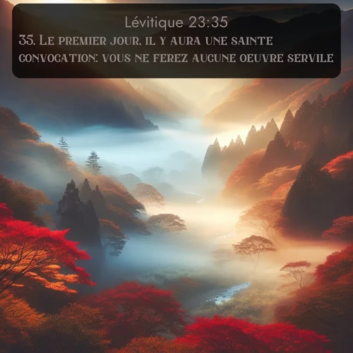 Segond Lévitique  ; image nature: image avec le verset biblique :Le premier jour, il y aura une sainte convocation: vous ne ferez aucune oeuvre servile. ;  ; 23:35
