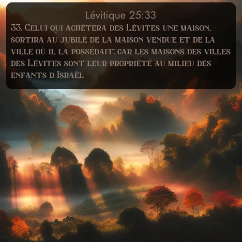Segond Lévitique  ; image nature: image avec le verset biblique :Celui qui achètera des Lévites une maison, sortira au jubilé de la maison vendue et de la ville où il la possédait; car les maisons des villes des Lévites sont leur propriété au milieu des enfants d&#039;Israël. ;  ; 25:33