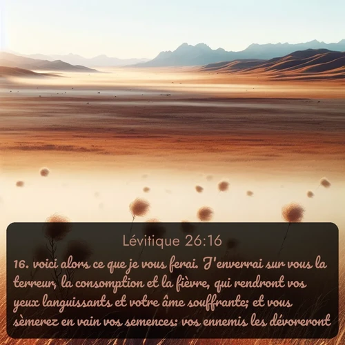 Segond Lévitique  ; image nature: image avec le verset biblique :voici alors ce que je vous ferai. J&#039;enverrai sur vous la terreur, la consomption et la fièvre, qui rendront vos yeux languissants et votre âme souffrante; et vous sèmerez en vain vos semences: vos ennemis les dévoreront. ;  ; 26:16