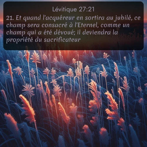 Segond Lévitique  ; image nature: image avec le verset biblique :Et quand l&#039;acquéreur en sortira au jubilé, ce champ sera consacré à l&#039;Eternel, comme un champ qui a été dévoué; il deviendra la propriété du sacrificateur. ;  ; 27:21