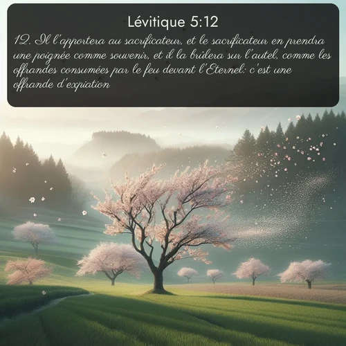 Segond Lévitique  ; image nature: image avec le verset biblique :Il l&#039;apportera au sacrificateur, et le sacrificateur en prendra une poignée comme souvenir, et il la brûlera sur l&#039;autel, comme les offrandes consumées par le feu devant l&#039;Eternel: c&#039;est une offrande d&#039;expiation. ;  ; 5:12