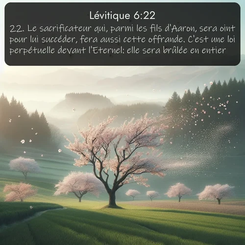 Segond Lévitique  ; image nature: image avec le verset biblique :Le sacrificateur qui, parmi les fils d&#039;Aaron, sera oint pour lui succéder, fera aussi cette offrande. C&#039;est une loi perpétuelle devant l&#039;Eternel: elle sera brûlée en entier. ;  ; 6:22