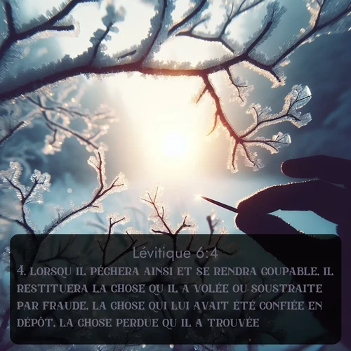Segond Lévitique  ; image nature: image avec le verset biblique :lorsqu&#039;il péchera ainsi et se rendra coupable, il restituera la chose qu&#039;il a volée ou soustraite par fraude, la chose qui lui avait été confiée en dépôt, la chose perdue qu&#039;il a trouvée, ;  ; 6:4