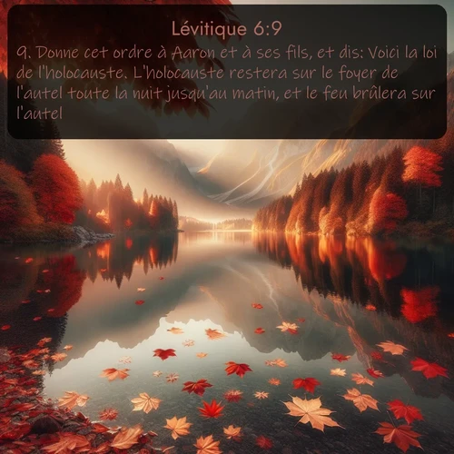 Segond Lévitique  ; image nature: image avec le verset biblique :Donne cet ordre à Aaron et à ses fils, et dis: Voici la loi de l&#039;holocauste. L&#039;holocauste restera sur le foyer de l&#039;autel toute la nuit jusqu&#039;au matin, et le feu brûlera sur l&#039;autel. ;  ; 6:9