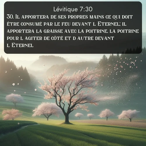 Segond Lévitique  ; image nature: image avec le verset biblique :Il apportera de ses propres mains ce qui doit être consumé par le feu devant l&#039;Eternel; il apportera la graisse avec la poitrine, la poitrine pour l&#039;agiter de côté et d&#039;autre devant l&#039;Eternel. ;  ; 7:30