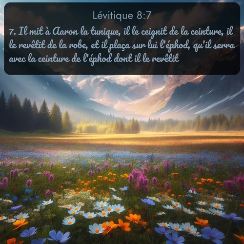 Segond Lévitique  ; image nature: image avec le verset biblique :Il mit à Aaron la tunique, il le ceignit de la ceinture, il le revêtit de la robe, et il plaça sur lui l&#039;éphod, qu&#039;il serra avec la ceinture de l&#039;éphod dont il le revêtit. ;  ; 8:7
