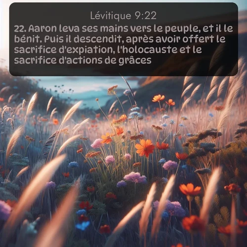 Segond Lévitique  ; image nature: image avec le verset biblique :Aaron leva ses mains vers le peuple, et il le bénit. Puis il descendit, après avoir offert le sacrifice d&#039;expiation, l&#039;holocauste et le sacrifice d&#039;actions de grâces. ;  ; 9:22