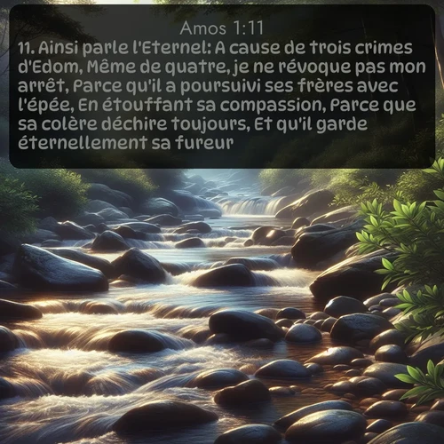 Segond Amos  ; image nature: image avec le verset biblique :Ainsi parle l&#039;Eternel: A cause de trois crimes d&#039;Edom, Même de quatre, je ne révoque pas mon arrêt, Parce qu&#039;il a poursuivi ses frères avec l&#039;épée, En étouffant sa compassion, Parce que sa colère déchire toujours, Et qu&#039;il garde éternellement sa fureur. ;  ; 1:11
