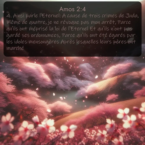 Segond Amos  ; image nature: image avec le verset biblique :Ainsi parle l&#039;Eternel: A cause de trois crimes de Juda, Même de quatre, je ne révoque pas mon arrêt, Parce qu&#039;ils ont méprisé la loi de l&#039;Eternel Et qu&#039;ils n&#039;ont pas gardé ses ordonnances, Parce qu&#039;ils ont été égarés par les idoles mensongères Après lesquelles leurs pères ont marché. ;  ; 2:4