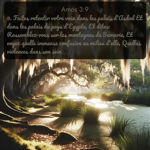 Segond Amos  ; image nature: image avec le verset biblique :Faites retentir votre voix dans les palais d&#039;Asdod Et dans les palais du pays d&#039;Egypte, Et dites: Rassemblez-vous sur les montagnes de Samarie, Et voyez quelle immense confusion au milieu d&#039;elle, Quelles violences dans son sein! ;  ; 3:9