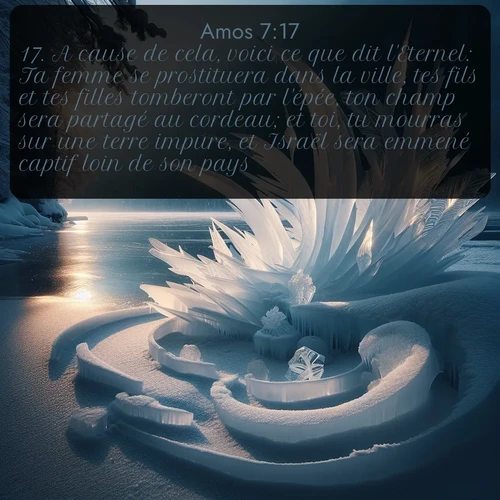 Segond Amos  ; image nature: image avec le verset biblique :A cause de cela, voici ce que dit l&#039;Eternel: Ta femme se prostituera dans la ville, tes fils et tes filles tomberont par l&#039;épée, ton champ sera partagé au cordeau; et toi, tu mourras sur une terre impure, et Israël sera emmené captif loin de son pays. ;  ; 7:17