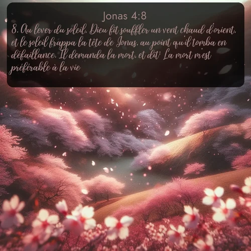 Segond Jonas  ; image nature: image avec le verset biblique :Au lever du soleil, Dieu fit souffler un vent chaud d&#039;orient, et le soleil frappa la tête de Jonas, au point qu&#039;il tomba en défaillance. Il demanda la mort, et dit: La mort m&#039;est préférable à la vie. ;  ; 4:8