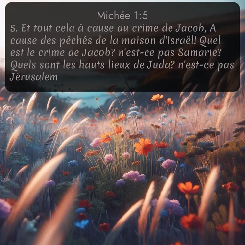 Segond Michée  ; image nature: image avec le verset biblique :Et tout cela à cause du crime de Jacob, A cause des péchés de la maison d&#039;Israël! Quel est le crime de Jacob? n&#039;est-ce pas Samarie? Quels sont les hauts lieux de Juda? n&#039;est-ce pas Jérusalem?... ;  ; 1:5