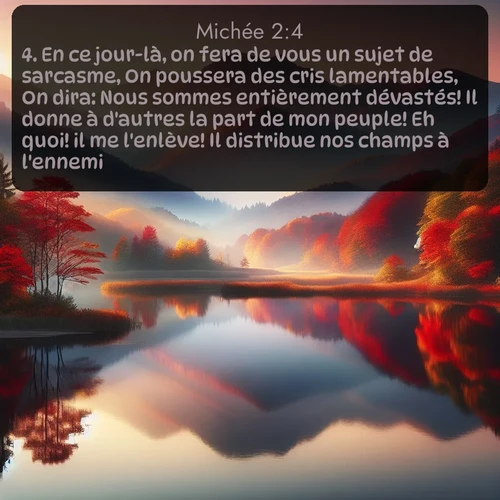 Segond Michée  ; image nature: image avec le verset biblique :En ce jour-là, on fera de vous un sujet de sarcasme, On poussera des cris lamentables, On dira: Nous sommes entièrement dévastés! Il donne à d&#039;autres la part de mon peuple! Eh quoi! il me l&#039;enlève! Il distribue nos champs à l&#039;ennemi!... ;  ; 2:4