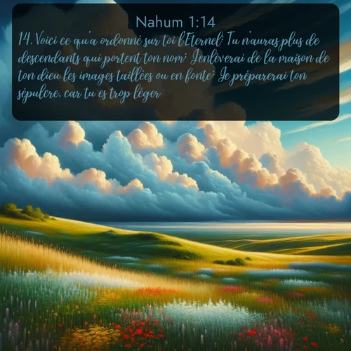 Segond Nahum  ; image nature: image avec le verset biblique :Voici ce qu&#039;a ordonné sur toi l&#039;Eternel: Tu n&#039;auras plus de descendants qui portent ton nom; J&#039;enlèverai de la maison de ton dieu les images taillées ou en fonte; Je préparerai ton sépulcre, car tu es trop léger. ;  ; 1:14