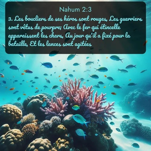 Segond Nahum  ; image nature: image avec le verset biblique :Les boucliers de ses héros sont rouges, Les guerriers sont vêtus de pourpre; Avec le fer qui étincelle apparaissent les chars, Au jour qu&#039;il a fixé pour la bataille, Et les lances sont agitées. ;  ; 2:3
