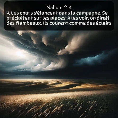 Segond Nahum  ; image nature: image avec le verset biblique :Les chars s&#039;élancent dans la campagne, Se précipitent sur les places; A les voir, on dirait des flambeaux, Ils courent comme des éclairs... ;  ; 2:4