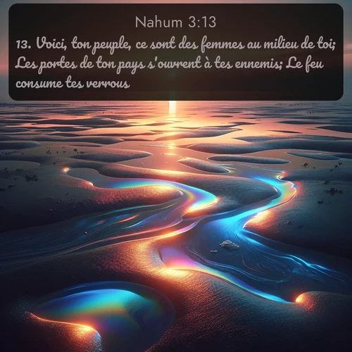 Segond Nahum  ; image nature: image avec le verset biblique :Voici, ton peuple, ce sont des femmes au milieu de toi; Les portes de ton pays s&#039;ouvrent à tes ennemis; Le feu consume tes verrous. ;  ; 3:13