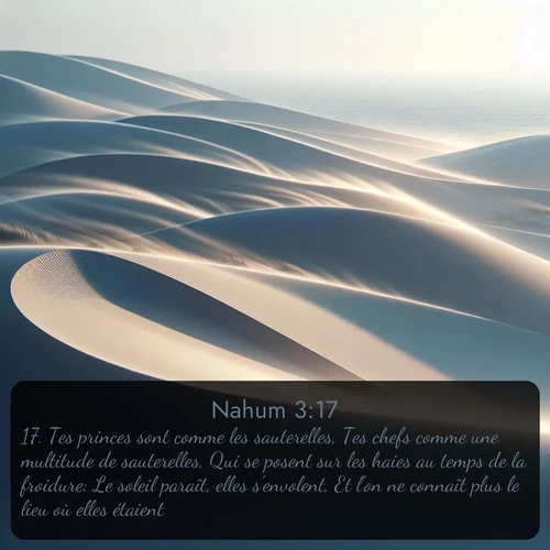Segond Nahum  ; image nature: image avec le verset biblique :Tes princes sont comme les sauterelles, Tes chefs comme une multitude de sauterelles, Qui se posent sur les haies au temps de la froidure: Le soleil paraît, elles s&#039;envolent, Et l&#039;on ne connaît plus le lieu où elles étaient. ;  ; 3:17