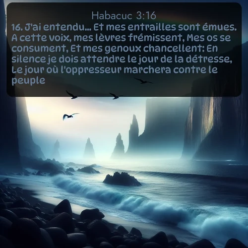Segond Habacuc  ; image nature: image avec le verset biblique :J&#039;ai entendu... Et mes entrailles sont émues. A cette voix, mes lèvres frémissent, Mes os se consument, Et mes genoux chancellent: En silence je dois attendre le jour de la détresse, Le jour où l&#039;oppresseur marchera contre le peuple. ;  ; 3:16