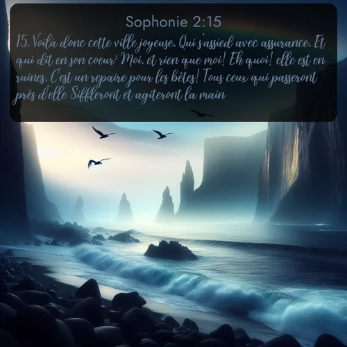 Segond Sophonie  ; image nature: image avec le verset biblique :Voilà donc cette ville joyeuse, Qui s&#039;assied avec assurance, Et qui dit en son coeur: Moi, et rien que moi! Eh quoi! elle est en ruines, C&#039;est un repaire pour les bêtes! Tous ceux qui passeront près d&#039;elle Siffleront et agiteront la main. ;  ; 2:15