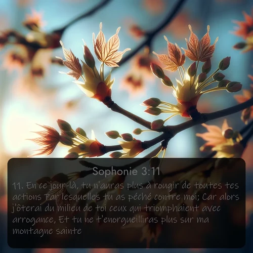 Segond Sophonie  ; image nature: image avec le verset biblique :En ce jour-là, tu n&#039;auras plus à rougir de toutes tes actions Par lesquelles tu as péché contre moi; Car alors j&#039;ôterai du milieu de toi ceux qui triomphaient avec arrogance, Et tu ne t&#039;enorgueilliras plus sur ma montagne sainte. ;  ; 3:11