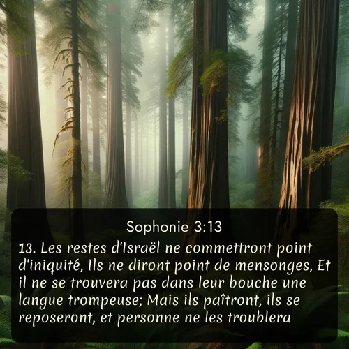 Segond Sophonie  ; image nature: image avec le verset biblique :Les restes d&#039;Israël ne commettront point d&#039;iniquité, Ils ne diront point de mensonges, Et il ne se trouvera pas dans leur bouche une langue trompeuse; Mais ils paîtront, ils se reposeront, et personne ne les troublera. ;  ; 3:13
