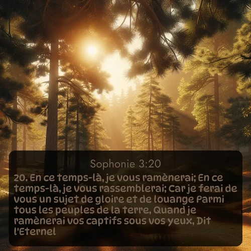 Segond Sophonie  ; image nature: image avec le verset biblique :En ce temps-là, je vous ramènerai; En ce temps-là, je vous rassemblerai; Car je ferai de vous un sujet de gloire et de louange Parmi tous les peuples de la terre, Quand je ramènerai vos captifs sous vos yeux, Dit l&#039;Eternel. ;  ; 3:20