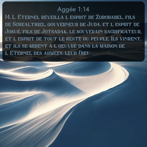 Segond Aggée  ; image nature: image avec le verset biblique :L&#039;Eternel réveilla l&#039;esprit de Zorobabel, fils de Schealthiel, gouverneur de Juda, et l&#039;esprit de Josué, fils de Jotsadak, le souverain sacrificateur, et l&#039;esprit de tout le reste du peuple. Ils vinrent, et ils se mirent à l&#039;oeuvre dans la maison de l&#039;Eternel des armées, leur Dieu, ;  ; 1:14