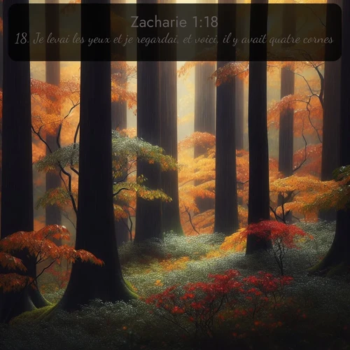 Segond Zacharie  ; image nature: image avec le verset biblique :Je levai les yeux et je regardai, et voici, il y avait quatre cornes. ;  ; 1:18