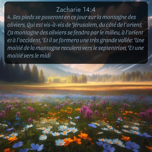 Segond Zacharie  ; image nature: image avec le verset biblique :Ses pieds se poseront en ce jour sur la montagne des oliviers, Qui est vis-à-vis de Jérusalem, du côté de l&#039;orient; La montagne des oliviers se fendra par le milieu, à l&#039;orient et à l&#039;occident, Et il se formera une très grande vallée: Une moitié de la montagne reculera vers le septentrion, Et une moitié vers le midi. ;  ; 14:4