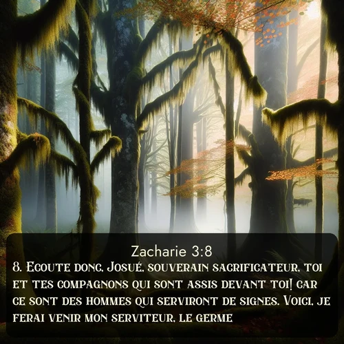 Segond Zacharie  ; image nature: image avec le verset biblique :Ecoute donc, Josué, souverain sacrificateur, toi et tes compagnons qui sont assis devant toi! car ce sont des hommes qui serviront de signes. Voici, je ferai venir mon serviteur, le germe. ;  ; 3:8