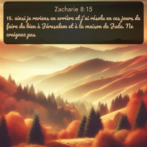 Segond Zacharie  ; image nature: image avec le verset biblique :ainsi je reviens en arrière et j&#039;ai résolu en ces jours de faire du bien à Jérusalem et à la maison de Juda. Ne craignez pas! ;  ; 8:15
