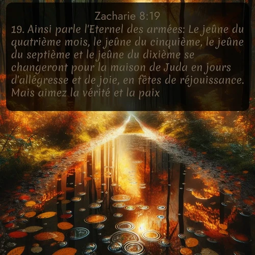 Segond Zacharie  ; image nature: image avec le verset biblique :Ainsi parle l&#039;Eternel des armées: Le jeûne du quatrième mois, le jeûne du cinquième, le jeûne du septième et le jeûne du dixième se changeront pour la maison de Juda en jours d&#039;allégresse et de joie, en fêtes de réjouissance. Mais aimez la vérité et la paix. ;  ; 8:19